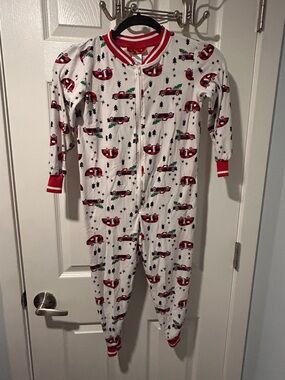 Kids White Holiday Camper Zipper One-Piece Pajamas - Red Trim